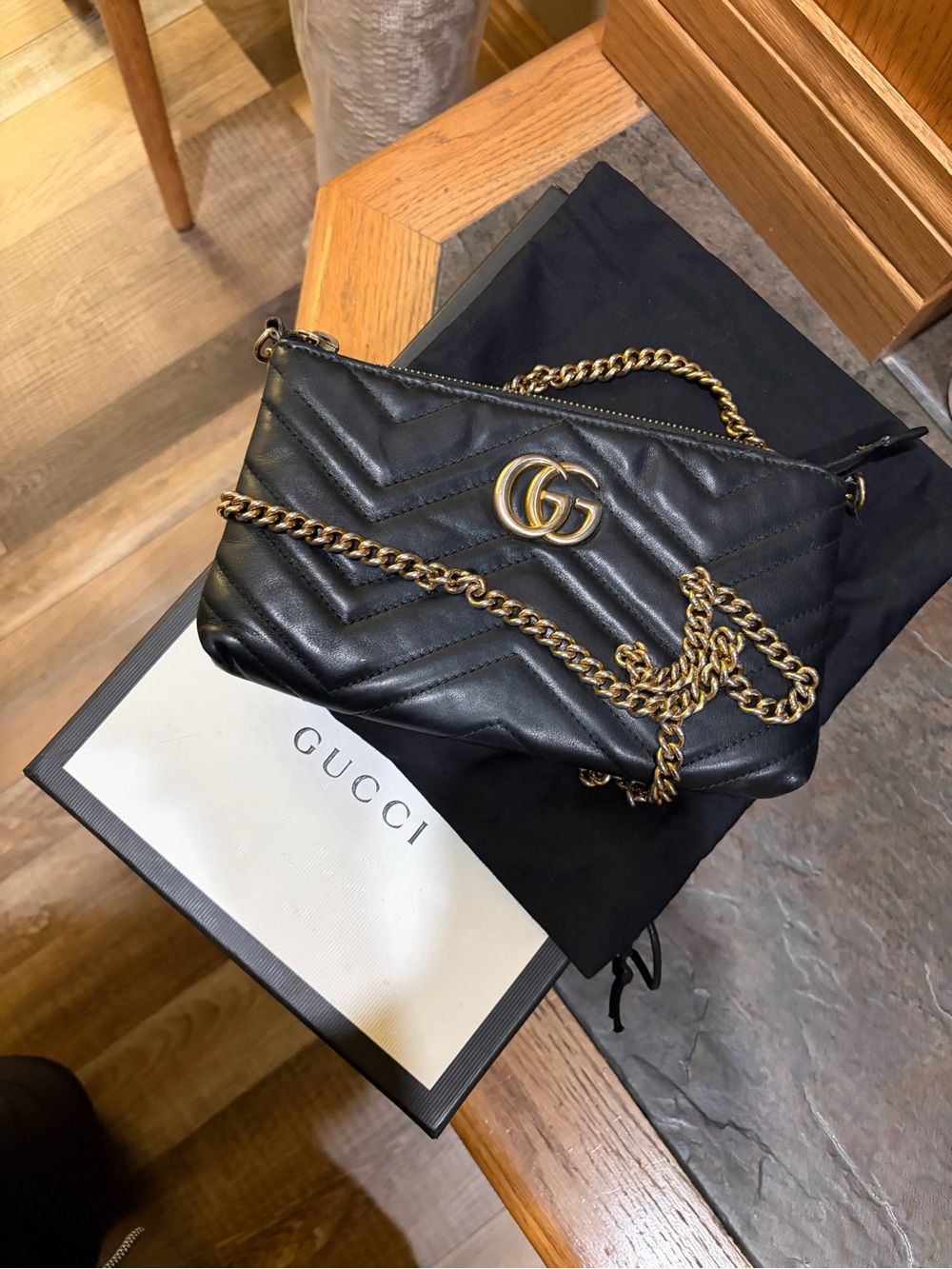 Gucci Black Chevron Quilted Leather Crossbody with Gold Hardware - Picture 6 of 16